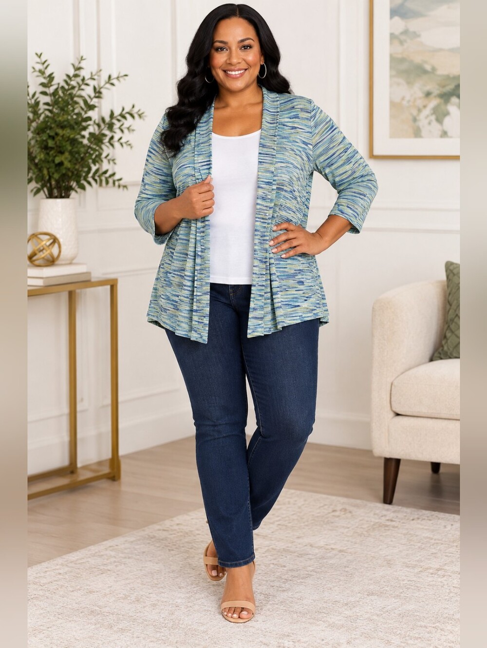 Lane Bryant Striped Open-Front Cardigan in Blue & Green Tones, (Lightweight)